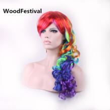разноцветный женщин смешанный цвет волос Синтетические парики термостойкие Радуга парик с длинными вьющимися парик 60 см WoodFestival 32805378407