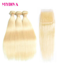613 блондинка комплект s с закрытием бразильские прямые волосы комплект s с закрытием Remy натуральные волосы Weave Extensions 10-30 дюймов комплект MyDiva 32842861401