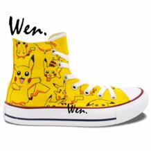 Вэнь желтый аниме ручной окрашенные кроссовки с принтом &laquo;Покемон Пикачу&raquo;; женская и Мужская Высокая парусиновая обувь для хип-хопа для подарки для мальчиков и девочек WEN 32645147158