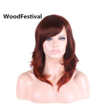 Парики средней длины из дерева для женщин термостойкий парик с Омбре красновато-коричневый парик с челкой синтетический кудрявый парик WoodFestival 32805157019